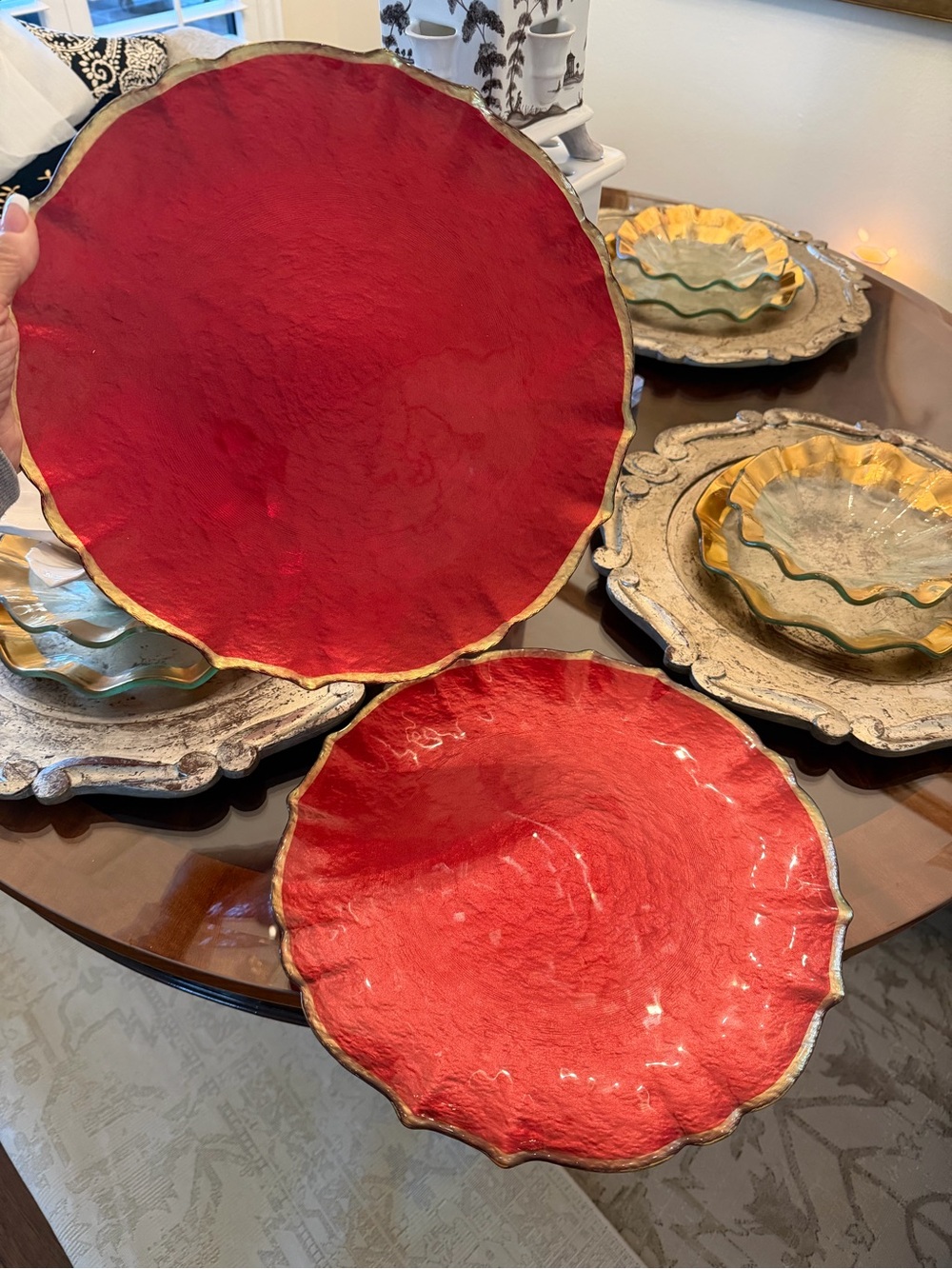Vietri Red Decorative Serving Chargers with Gold Rim - Home Dining